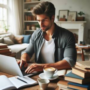 Un homme réfléchit intensément devant son ordinateur, entouré de notes et de livres sur le copywriting.