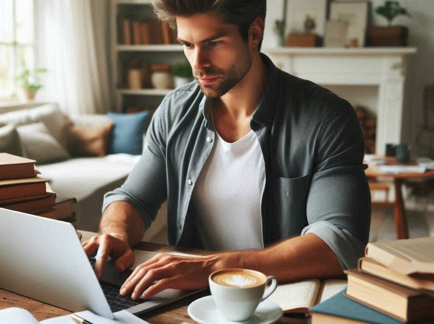 Un homme réfléchit intensément devant son ordinateur, entouré de notes et de livres sur le copywriting.