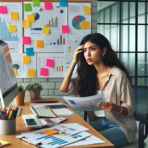 Une personne devant un tableau blanc avec des graphiques en baisse, symbolisant une erreur marketing.