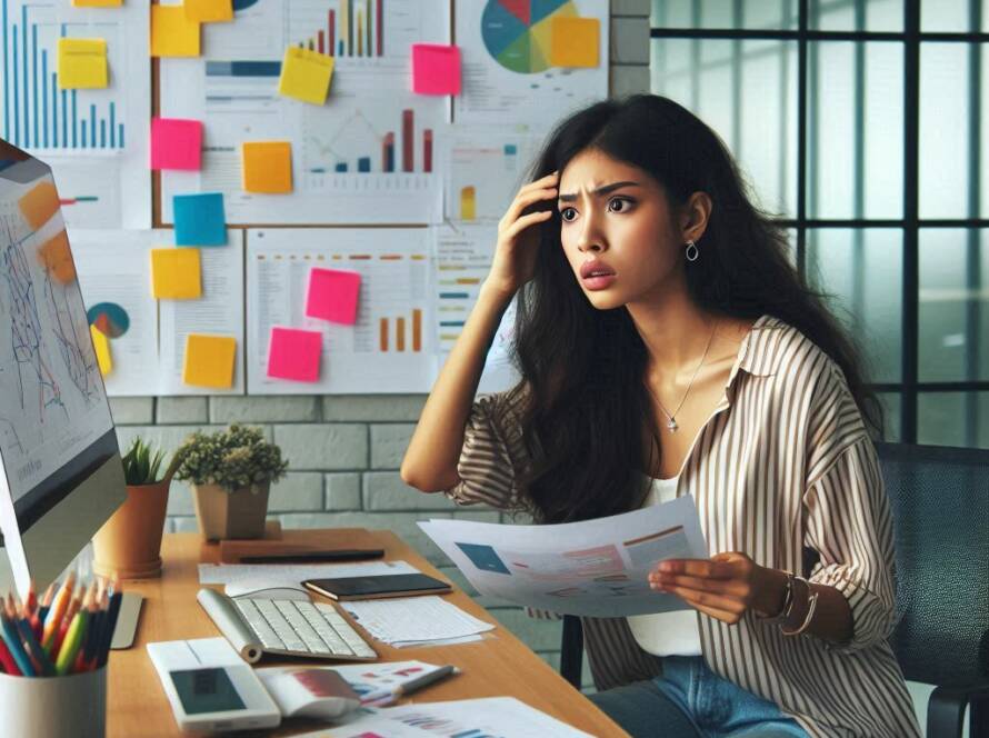 Une personne devant un tableau blanc avec des graphiques en baisse, symbolisant une erreur marketing.